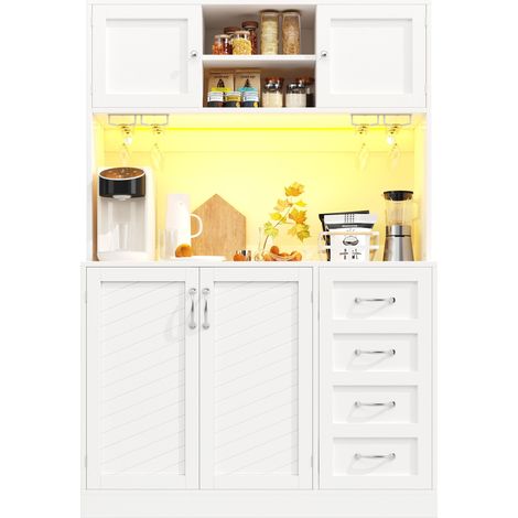 Küchenbuffet mit 4 Türen, 2 Schubladen, Snackregal, Getränkehaltern und LED, aus MDF, 120x40x188 cm, Weiß (1/5)