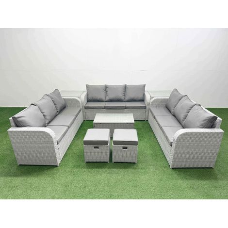 Fimous PE Rattan Lounge Sofa Set 11 Seater Outdoor Garden Furniture Set with Rectangular Coffee Table 3 Seater Sofa 2 Stools 2 Side Table Light Grey (1/5)