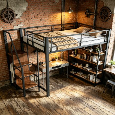 Lit mezzanine 140 x 200 cm, avec escalier de sécurité, espace de rangement et petite penderie, étagères, barrière de sécurité haute, lit simple, lit enfant, noir (1/4)