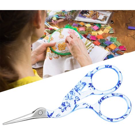 Ciseaux de couture vintage pour travaux manuels et broderie, motif fleuri bleu porcelaine (1/4)