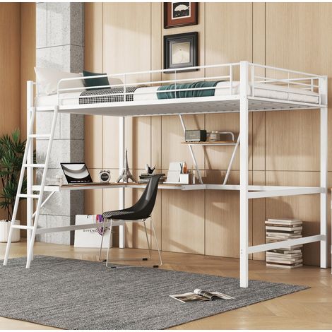 Letto a soppalco in metallo bianco 90x200 cm con scrivania a L e scaffale, rete inclusa (1/5)
