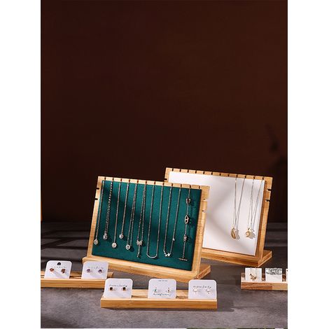 Extra großer Präsentationsständer aus Bambus und Holz für Anhänger, Schmuckpräsentation, Halskettenständer, abnehmbare Schmuckaccessoires aus Wildleder, extra großes Schneidebrett, weißes Leder (1/5)