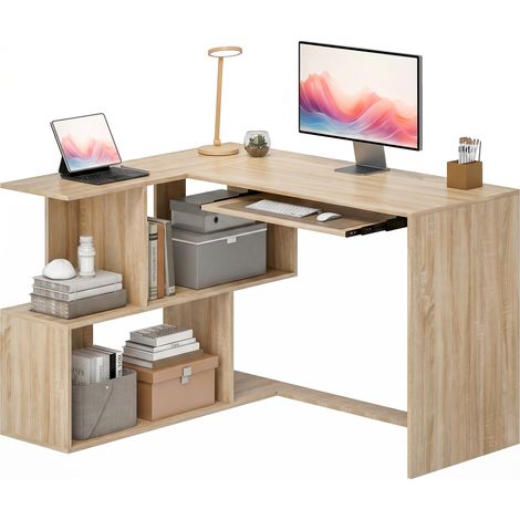 Bureau d'Angle, 120 x 100 x 76 cm, Bureau Informatique en L avec Plateau de Clavier, 4 Compartiments Ouverts, Naturel (1/5)