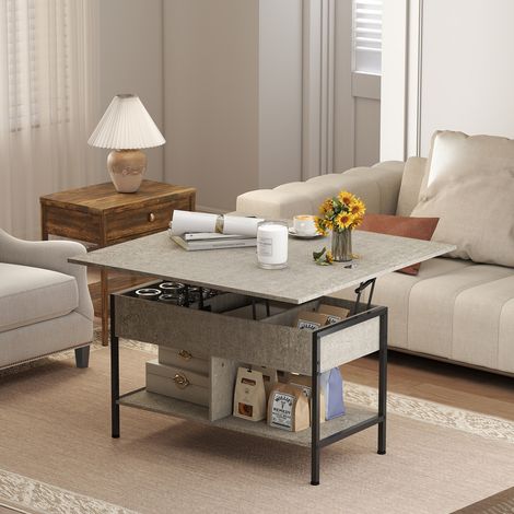 Table basse relevable extensible avec rangement caché et étagères ouvertes, 98x49x55 cm, gris, meuble salon moderne (1/5)