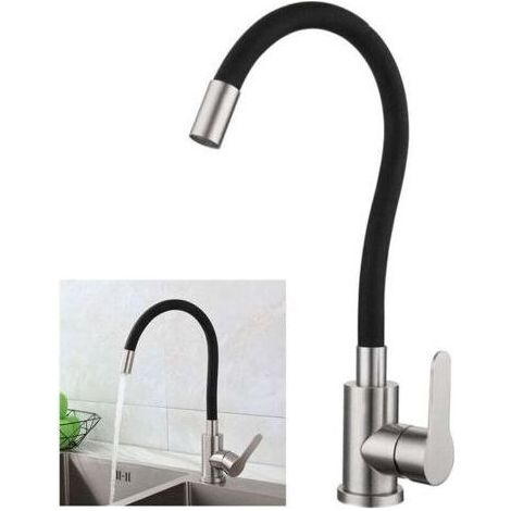 Grifo de cocina flexible con caño giratorio alto, mezclador monomando para fregadero, agua fría y caliente, acero inoxidable cepillado negro. (1/4)