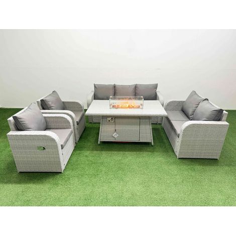 Fimous PE Rattan Garden Furniture Set Reclining Chair Sofa Double Love Seat 2 Seater Sofa Lounge Set Firepit Dining Table Light Grey (1/4)