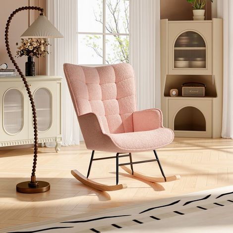 Sillón de Balanceo de Peluche, Patas de Madera Maciza, 68x75x92cm, Sillón de Salón con Respaldo Alto, Rosa (1/5)