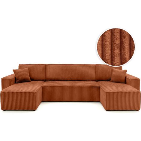 Canapé d'angle panoramique convertible 6 places FARAH en velours cotelé épais - Terracotta