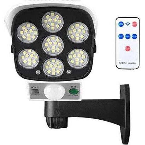 Lampe solaire d'extérieur avec détecteur de mouvement sans fil et caméra de sécurité factice IP66 étanche 77 LED lampe murale spot pour cour, jardin, terrasse, garage, allée.. (1/4)