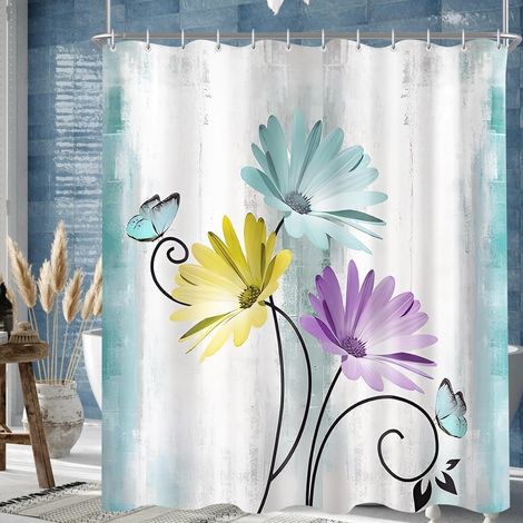 Rideau de douche, 180 x 200 cm, motif papillons,anti-moisissure, imperméable, lavable, en polyester, avec 12 œillets et anneaux de rideau de douche