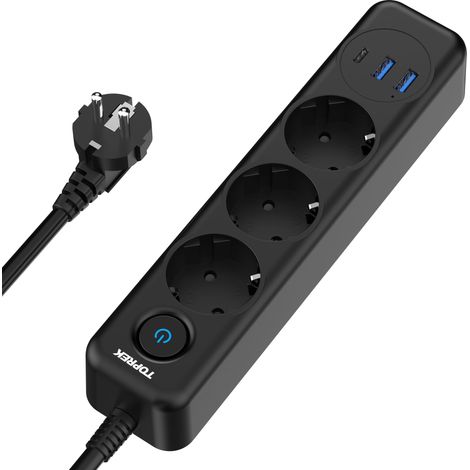 Multiprise EU 5 Prises + 2 USB Interrupteurs Individuels Protection Surtension Coque PC Ignifuge Câble Cuivre Compact Bureau (1/5)