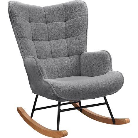 Schaukelstuhl, Lounge-Sessel, Gestell aus Massivholz und Metall - mit hoher Rückenlehne, Plüschstoff (Hellgrau)