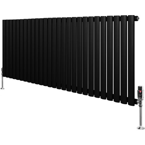 Radiateur à Colonnes Ovales & Vannes 1 Panneau 600 x 1620 mm en Acier Carbone Noir Chauffage Centrale Moderne Horizontale Monté Sur Mur Cuisine [Brosse de Nettoyage & Supports INCLUSES]