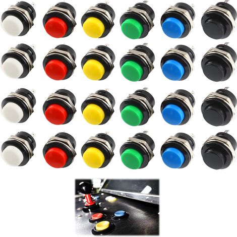 24pcs Round 16mm Auto Reset Mini Momentary Push Button Red Green Yellow Blue White Black 3A 250V AC 2 Pin for Automotive, Gaming and Industrial Applications (1/5)