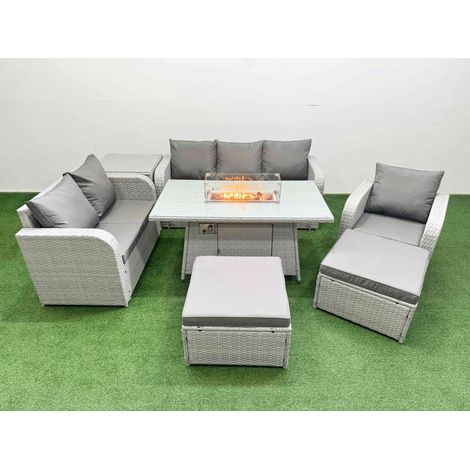 Fimous Patio PE Wicker 8 Seater Outdoor Rattan Furniture Sofa Sets with Firepit Dining Table Reclining Chair Loveseat Sofa 3 Seater Sofa 2 Big Footstools Side Table Light Grey (1/4)