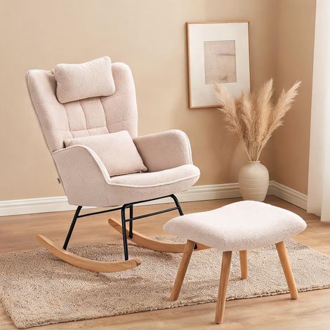 Fauteuil à bascule en tissu beige avec repose-pieds en bois (1/5)