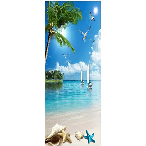 Stickers Porte Poster Vue sur la mer Papier Peint Porte Trompe l\'oeil pour Salon Chambre Décoration De La Maison Stickers Muraux