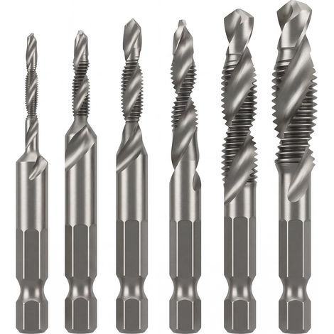 Lot de 6 forets en métal pour acier dur, forets HSS pour perceuse à métaux et tarauds, outil de filetage 3 en 1 avec tige hexagonale de 6,35 mm (M3 M4 M5 M6 M8 M10) (1/5)