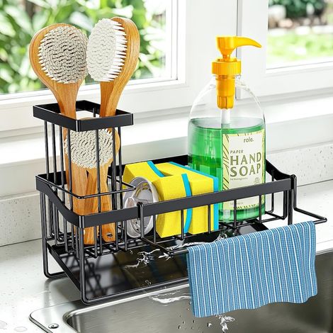 Panier d’évier Auto-égouttant, Rangement pour éponge et torchon, Noir (1/5)