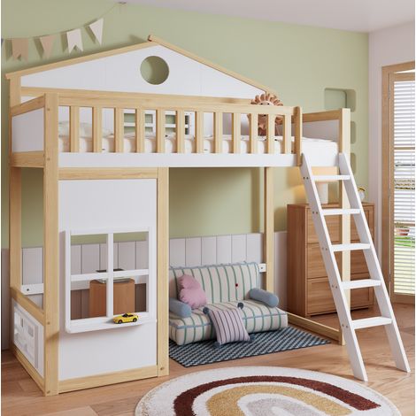Cama alta infantil 90x200 cm de madera blanca y natural, ahorro de espacio FloraGrace (1/5)