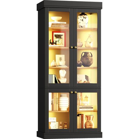Armoire haute vitrine LED avec portes en verre, étagères réglables, sécurité anti-basculement et rangement XXL pour salon ou chambre, noire CHICFURN