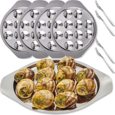 Snail plate, 4-piece – 12 holes, stainless steel, snail shell – oyster plate, mushroom plate, metal snail serving set, snail cutlery (1/4)
