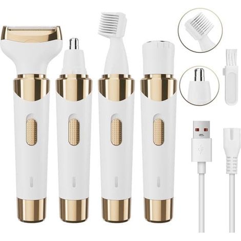 Rasoir électrique rechargeable 4 en 1 et tondeuse à poils pour le corps des femmes : jambes, visage et aisselles (Or/Blanc) (1/5)