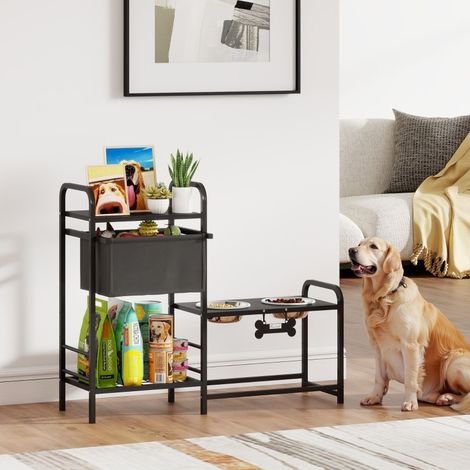 Gamelle surélevée réglable pour chien, bol eau 2x800ml acier inoxydable, noir 89,5x27x74 cm, avec rangement intégré