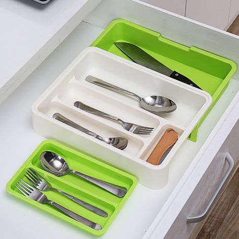 Boîte de rangement pour tiroir de cuisine, style japonais, organisateur de vaisselle pour tiroir, boîte de tri multifonctionnelle, boîte de rangement de bureau pour divers objets, vert clair. (1/5)