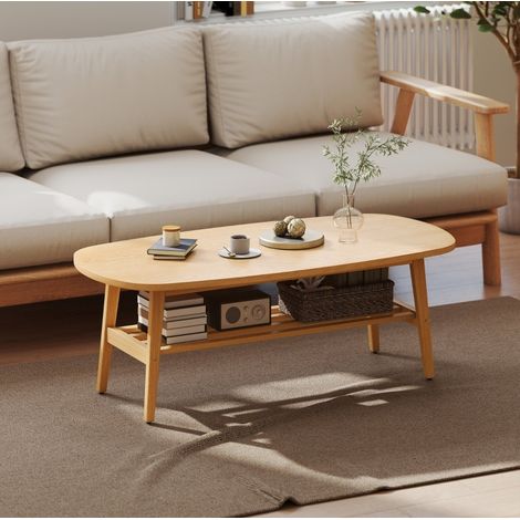 Table basse ovale avec étagère de rangement 120 x 60 x 42 cm, finition bois naturel DESVIAE (1/5)