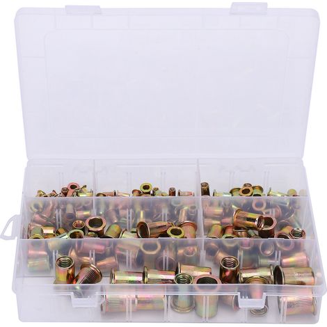 Kit 180 inserts à riveter tête plate en acier carbone zingué, écrous rivet métriques M4 M5 M6 M8 M10 M12, visserie pour fixation tôle et plastique (1/5)