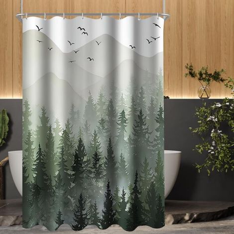 Cortina de ducha, 180 x 180 cm, estampado de bosque, resistente al moho, dobladillo con peso, impermeable, lavable, tejido de poliéster, para baños - Crezuo (1/4)