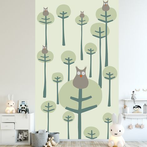 Papier peint intissé Chouette Forêt Arbre Vert pour chambre enfant, 250x150cm - Décorez votre pièce avec ce magnifique papier peint intissé (1/2)