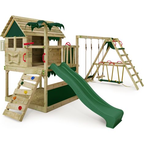 Fatmoose TikaTaka Town climbing frame with slide and surf extension in green
