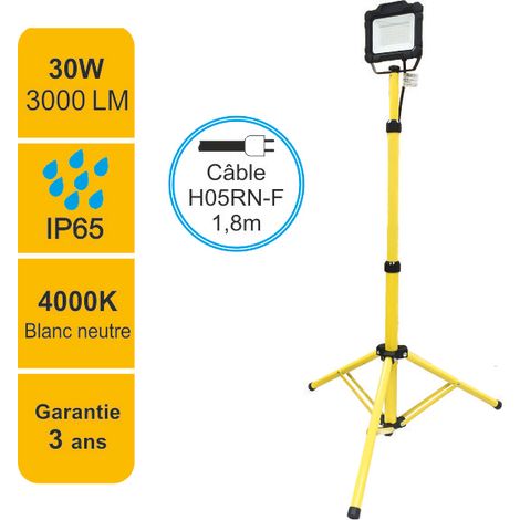 Projecteur LED de chantier 30W 3000lm 4000K avec trépied ajustable - garantie 3 ans
