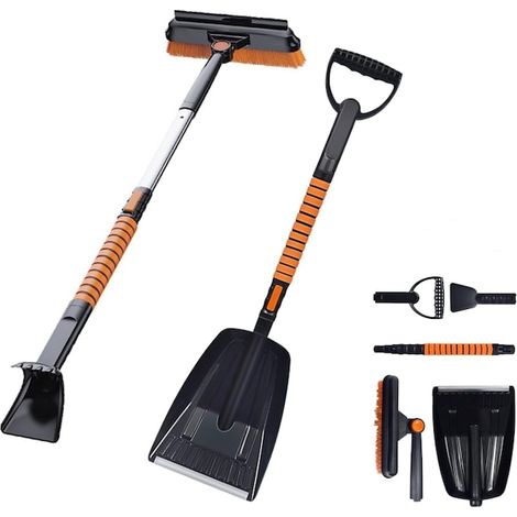 Brosse à neige, pelle à neige avec brosse et grattoir, 5 en 1, 2 types de pelles, rotative, télescopique, détachable, orange/noir (1/5)