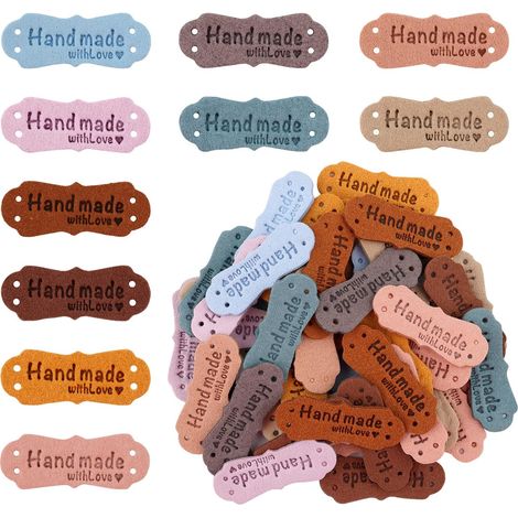 50 pièces Etiquettes en cuir faites à la main, cuir microfibre - étiquettes tissées avec des noyaux d'amour fait à la main (10 couleurs) (1/5)