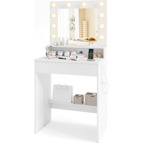 3 modes d'éclairage, coiffeuse avec miroir et prises, rangement maquillage pour chambre (1/5)