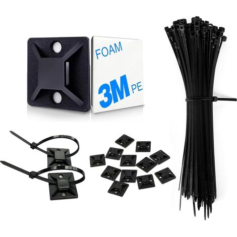 Black Adhesive Base Clamps Set, Cable Tie Set 100 x Adhesive Cable Ties and 100 Pieces Base Clamp for Home, Office, Workshop, Garden (1/5)