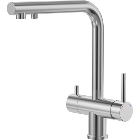 Robinet de cuisine 3 voies, robinet de cuisine rotatif à 360°, mitigeur 3 en 1 pour filtre à eau, robinet d'eau potable avec 2 leviers, robinet de cuisine à trois voies en acier inoxydable (1/5)