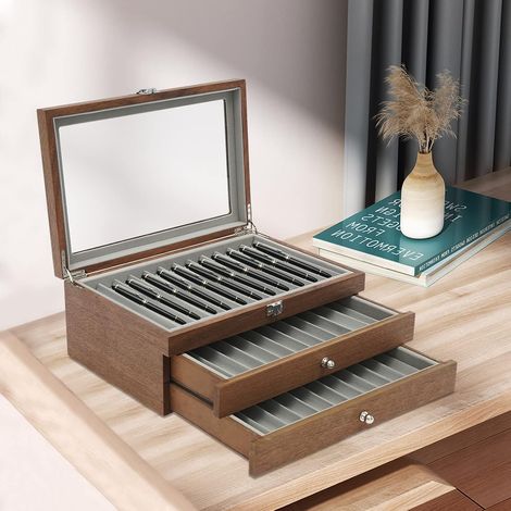 Boîte de rangement à 34 compartiments pour stylo-plume, vitrine, 3 niveaux, boîte de rangement en bois pour stylos plume, stylos à bille, marqueurs (1/5)