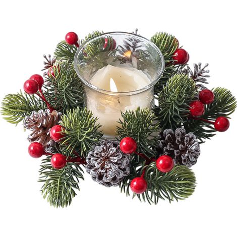 Coronas navideñas decorativas para velas (flor de Pascua y piñas artificiales), centro de mesa invernal con imágenes y bayas rojas. (1/5)