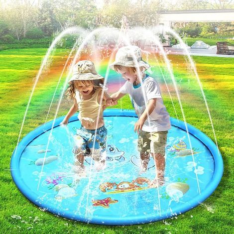 Tappetino con getti d'acqua per bambini, 100 cm/39 pollici, antiscivolo, per giochi d'acqua all'aperto, con spruzzatore, adatto a bambini dai 3 ai 12 anni (blu) (1/5)