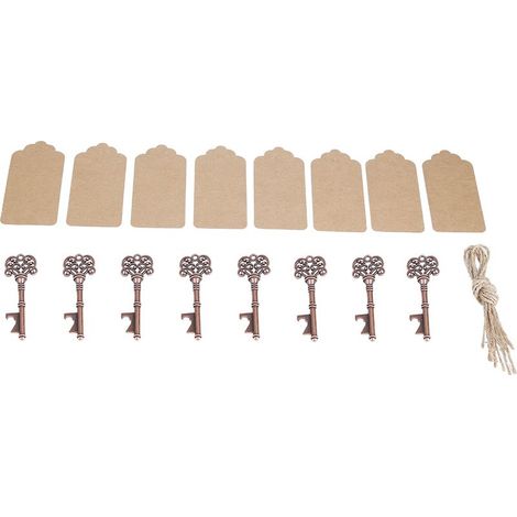 12 pièces porte-clés vintage en forme de clé, ouvre-bouteille en alliage avec étiquettes, anneau cuivré (1/5)
