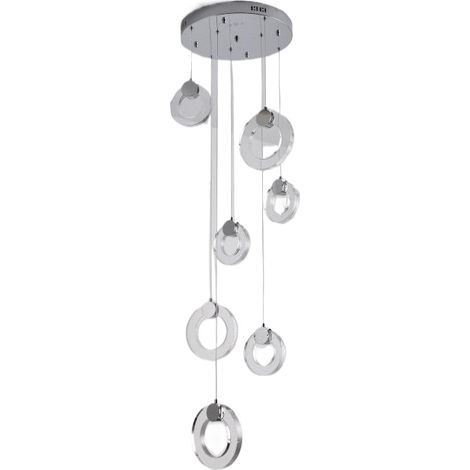 Lampadario in metallo cromato con paralume in vetro semitrasparente. Sette anelli in vetro per il paralume, sette lampadine LED da 12W. Temperatura colore: 4000K. Codice articolo: 531 (1/4)