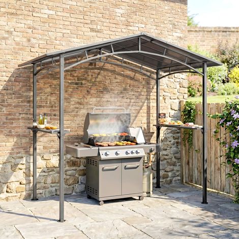 Pavillon jardin 2,5 x 1,5 m - abri barbecue - 2 étagères - toit de barbecue - métal noir toit polycarbonate (1/5)