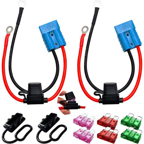 Câbles de Batterie 10AWG 30 cm, connecteurs Rapides Bleus, connecteur Power 50 A, Connexion Rapide du treuil avec fusible pour Transfert de Puissance de Batterie (Lot de 2) (1/5)