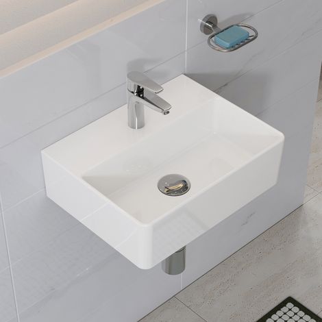 Lavabo vasque suspendue murale en céramique, 39 x 30 cm vasque à poser, Lavabo à poser, rectangulaire avec trou pour robinet non trop-plein HOROW (1/5)
