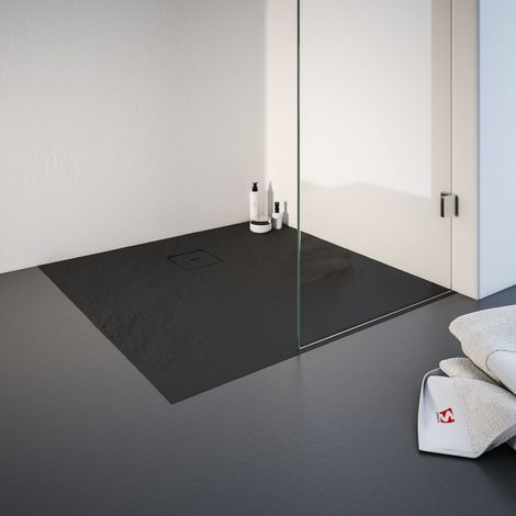 [PRODUIT D'OCCASION] [JAMAIS UTILISÉ] Receveur de douche de plain-pied, décor effet Pierre anthracite, résine minérale, Schulte, carré 90 x 90 cm (1/3)