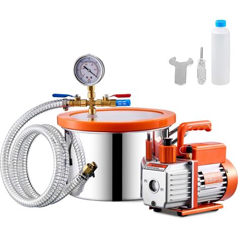 Chambre à vide 5,7 L avec pompe 100 L/min, acier inoxydable, couvercle acrylique, kit de dégazage complet avec huile et flexible. (1/5)
